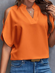 Women Notched Cold Shoulder Half Sleeve Blouse