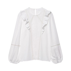 Women Clothing Solid Color Floral Embroidered Shirt