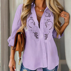 Women’s Contrast Lace Long-Sleeve Button‑Down Blouse