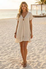 Women's V-Neck Short-Sleeve Midi Dress – Ice Silk Crepe Loose Casual
