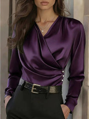 Women's Elegant Cross V-Neck Blouse, Ruffle Detail Button Accent Office Shirt