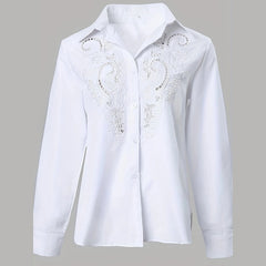 Women’s Contrast Lace Long-Sleeve Button‑Down Blouse
