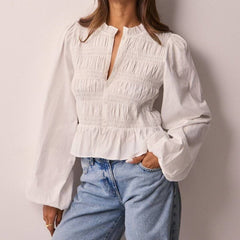 Women Solid Color Casual Button Slim Fit Cardigan Shirt Puff Sleeve Top