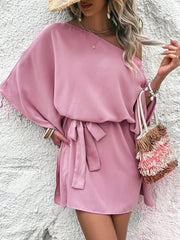Women Clothing Satin off Shoulder Satin Dress Asymmetric High Waist Dress