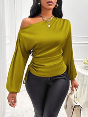 Women Satin Asymmetric Shirt Long Sleeve Diagonal Collar Top
