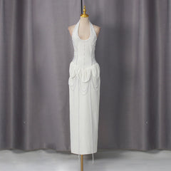 French Halter Solid Color Dress Spring Waist Tight Slimming Sheath Diamond Beaded Dress Women