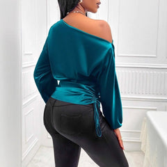 Women Satin Asymmetric Shirt Long Sleeve Diagonal Collar Top