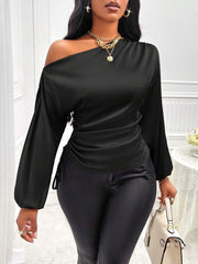 Women Satin Asymmetric Shirt Long Sleeve Diagonal Collar Top