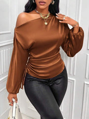 Women Satin Asymmetric Shirt Long Sleeve Diagonal Collar Top