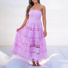 Casual Maxi Tube Dress Embroidery Hollow Out Spring Women Clothing