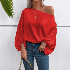 Women Clothing Winter off the Shoulder Satin Shirt Loose Asymmetry Top
