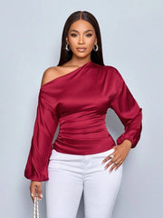 Women Satin Asymmetric Shirt Long Sleeve Diagonal Collar Top
