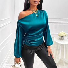 Women Satin Asymmetric Shirt Long Sleeve Diagonal Collar Top