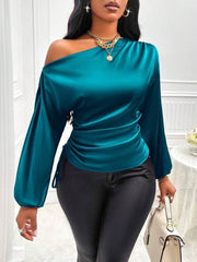 Women Satin Asymmetric Shirt Long Sleeve Diagonal Collar Top