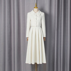 Spring Elegant Pleated Slim Maxi Dress Solid Color Beaded Collared Long Sleeve Two Piece Sets Women