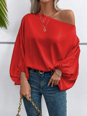 Women Clothing Winter off the Shoulder Satin Shirt Loose Asymmetry Top