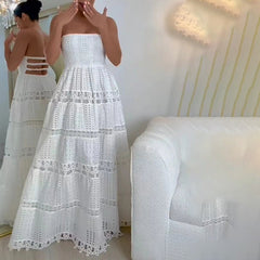 Casual Maxi Tube Dress Embroidery Hollow Out Spring Women Clothing