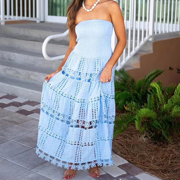 Casual Maxi Tube Dress Embroidery Hollow Out Spring Women Clothing