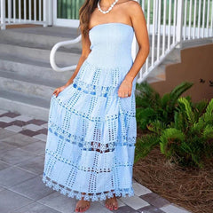Casual Maxi Tube Dress Embroidery Hollow Out Spring Women Clothing