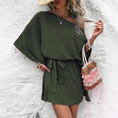 Women Clothing Satin off Shoulder Satin Dress Asymmetric High Waist Dress