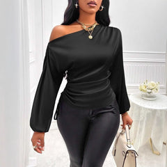 Women Satin Asymmetric Shirt Long Sleeve Diagonal Collar Top