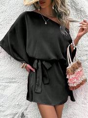 Women Clothing Satin off Shoulder Satin Dress Asymmetric High Waist Dress