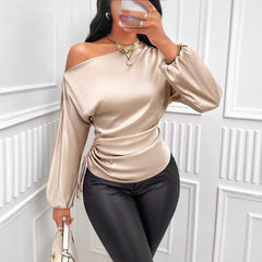 Women Satin Asymmetric Shirt Long Sleeve Diagonal Collar Top