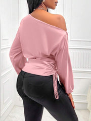 Women Satin Asymmetric Shirt Long Sleeve Diagonal Collar Top