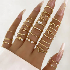 28Pcs Fashion Geometric Knuckle Rings Set For Women Crystal Heart Gold Silver Color Rings Girls  Party Jewelry Accessories
