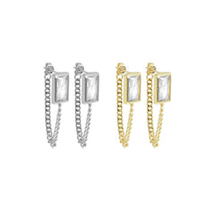 Gold Silver Rectangle CZ With Chain Link Dangle Earrings, Sku#LX374