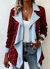 Patchwork Denim Collar Women’s Long-Sleeved Mid-Length Coat