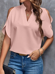 Women Notched Cold Shoulder Half Sleeve Blouse