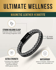High Power Hematite Bead & Leather Magnetic Bracelet
