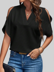 Women Notched Cold Shoulder Half Sleeve Blouse