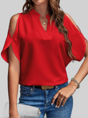 Women Notched Cold Shoulder Half Sleeve Blouse