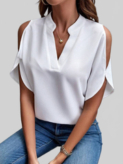 Women Notched Cold Shoulder Half Sleeve Blouse