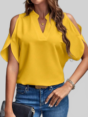 Women Notched Cold Shoulder Half Sleeve Blouse